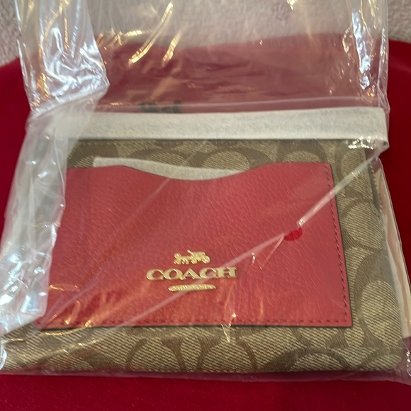 Coach Handbags - NWT COACH Signature Logo Khaki/Red Wristlet/Wallet